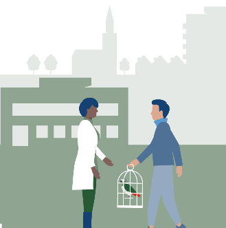 Voorbeeld van een illustratie in de rijksbrede illustratiestijl met personages in een natuurlijke houding en actie